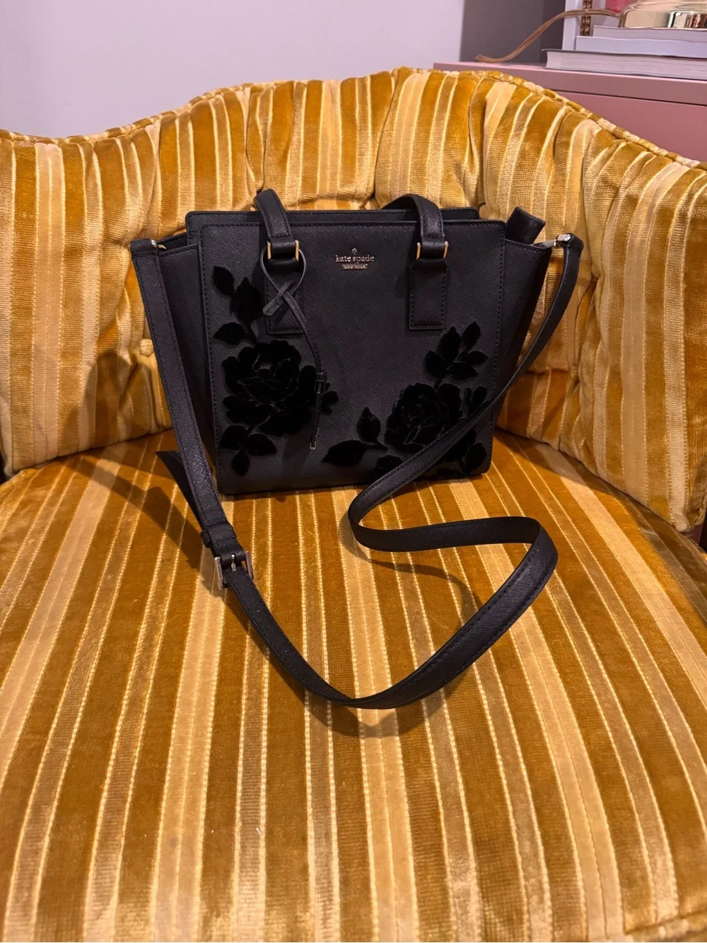 kate spade Black Velvet Floral Appliqué Tote